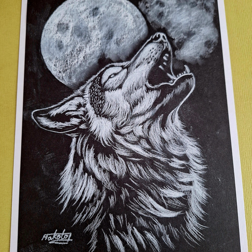 色鉛筆画 月夜のオオカミの遠吠え 絵画 makochin 通販 19836748