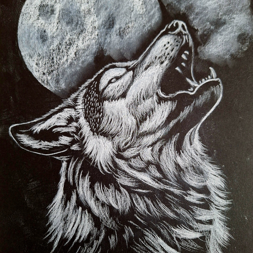 色鉛筆画 月夜のオオカミの遠吠え 絵画 makochin 通販 19836748