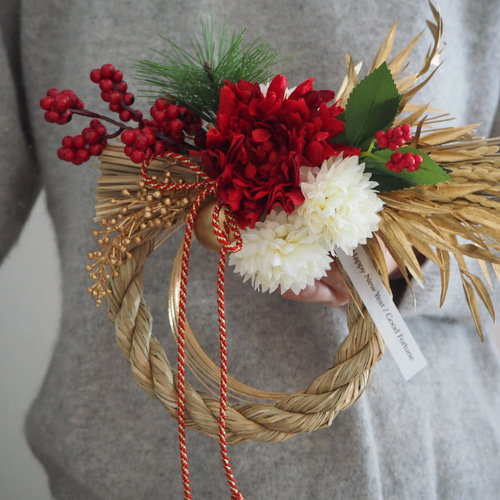 新作 しめ縄2026 『豊穣の華』紅白 アーティフィシャルフラワー しめ縄