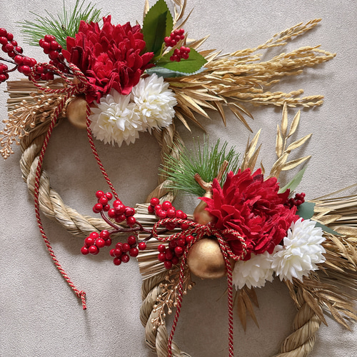 新作 しめ縄2026 『豊穣の華』紅白 アーティフィシャルフラワー しめ縄