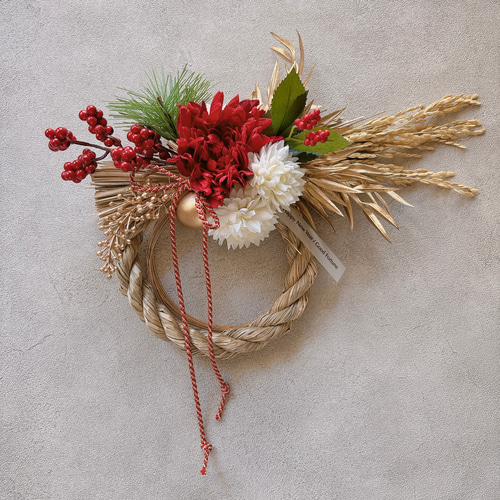 新作 しめ縄2026 『豊穣の華』紅白 アーティフィシャルフラワー しめ縄