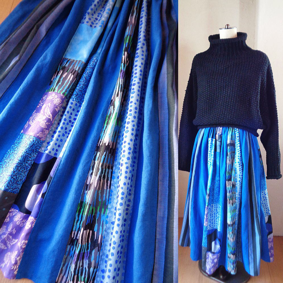 Crystal blue♥絵画なパッチワーク♥ボリュームギャザースカート♥マキシ丈