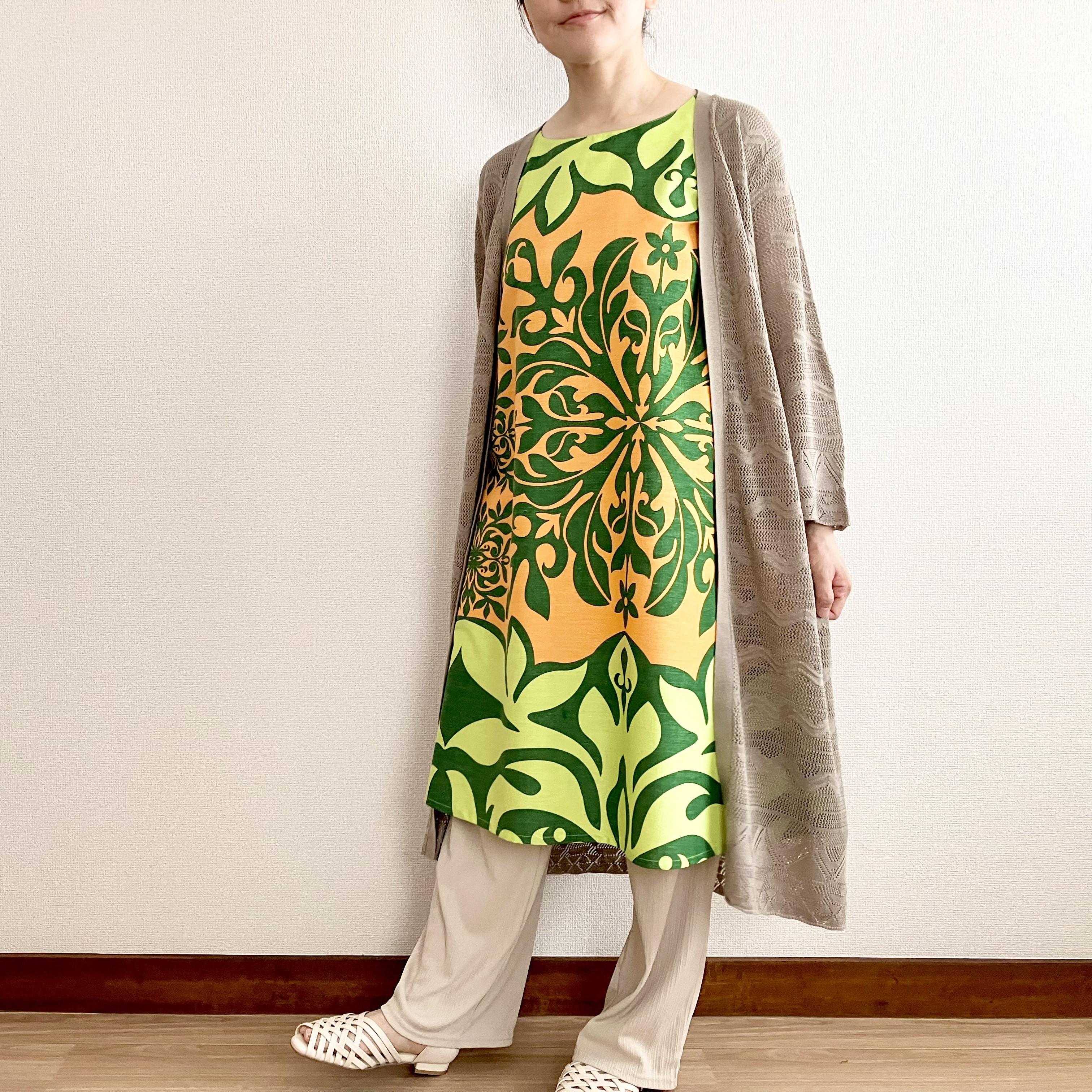 《新作》【ハワイアンファブリック】ハワイアンキルトモチーフのフレアワンピース【S~3L】オレンジ×グリーン