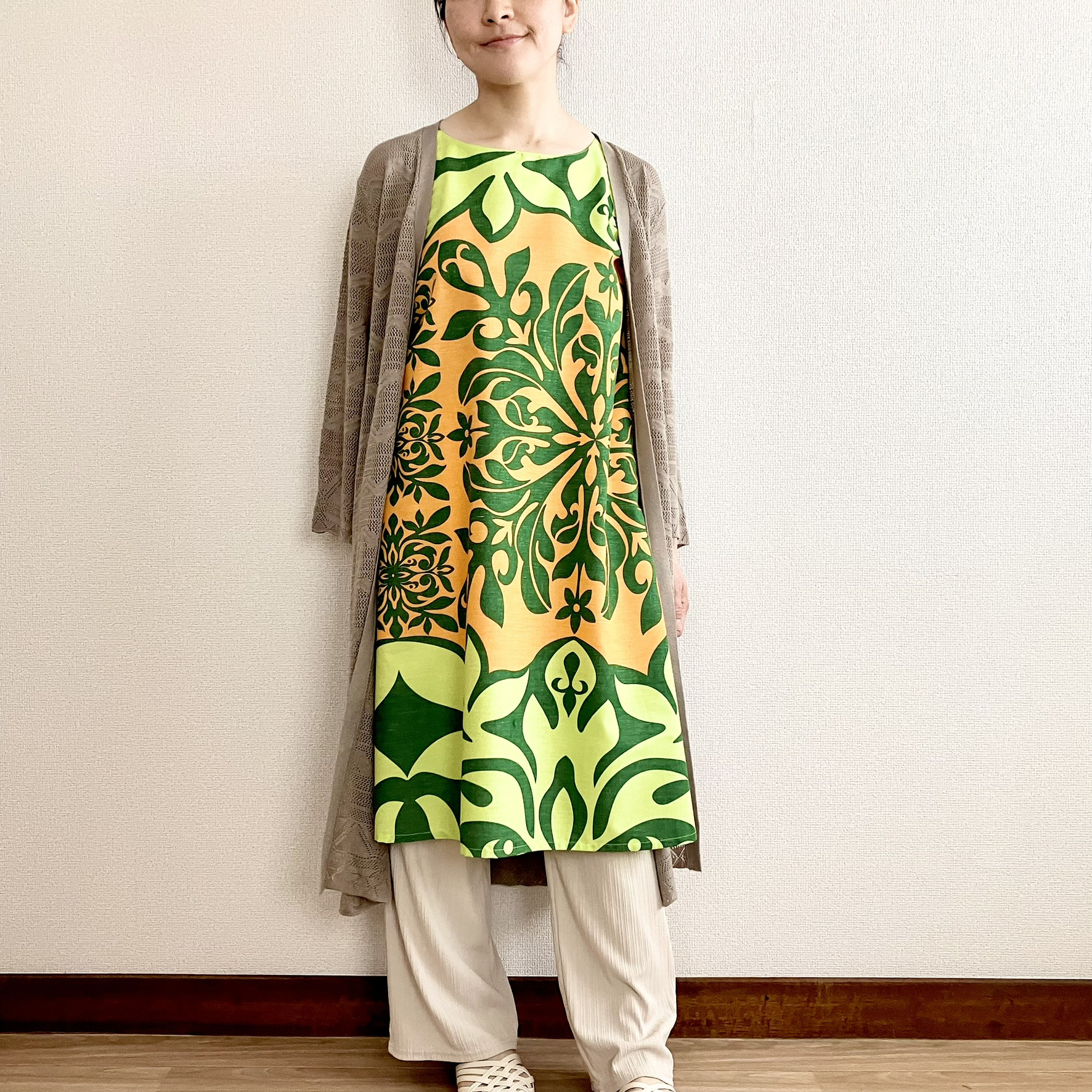 《新作》【ハワイアンファブリック】ハワイアンキルトモチーフのフレアワンピース【S~3L】オレンジ×グリーン