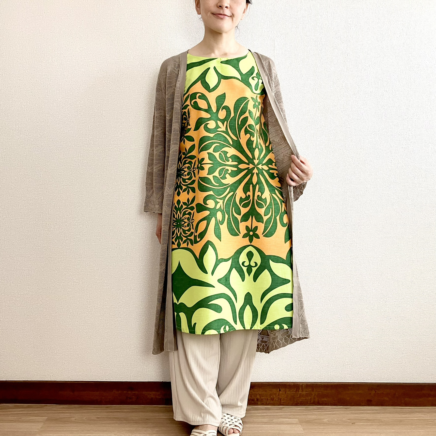 《新作》【ハワイアンファブリック】ハワイアンキルトモチーフのフレアワンピース【S~3L】オレンジ×グリーン