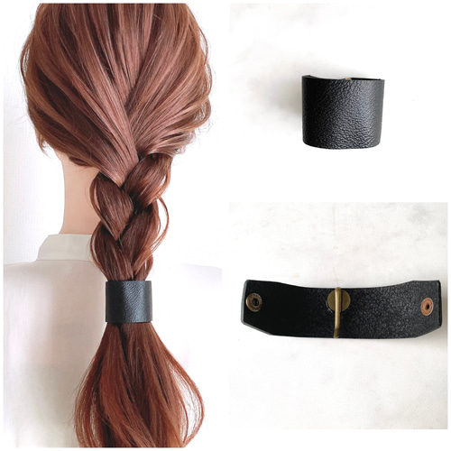 レザー ヘアカフ 黒 ポニーフック ブラック ヘアアクセサリー 本革