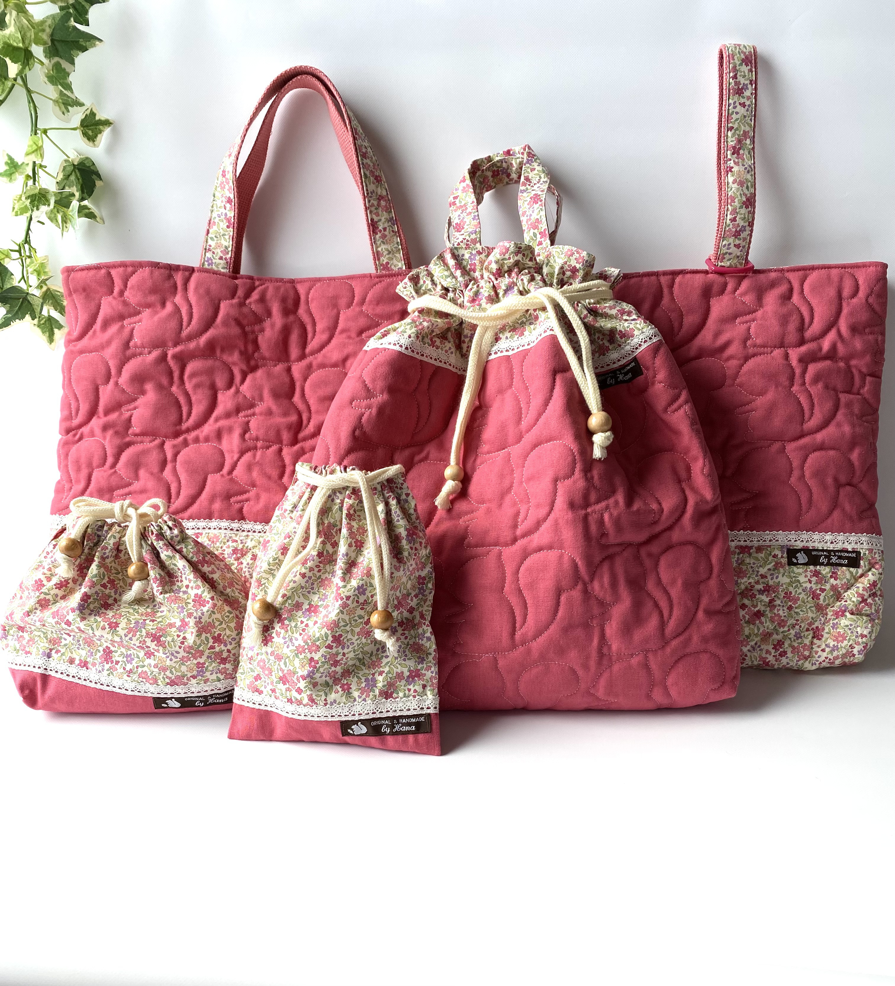 リスキルト(オールドローズ)&花柄・通園通学6点セット・レース付き