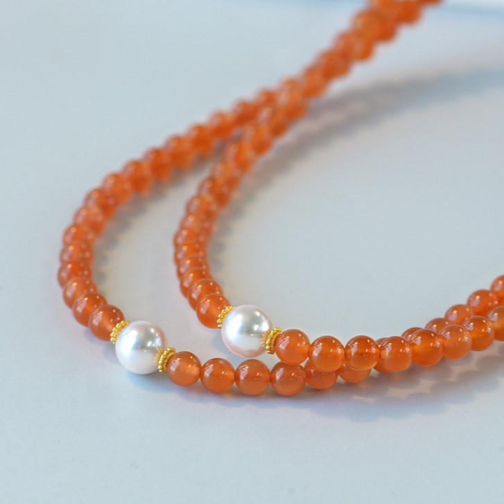ルミナ ジェリー オレンジ ブレスレット/ネックレス 5-6mm 雲南宝山産天然赤真珠 + 4.5-8mm 日本製アコヤ真珠 1