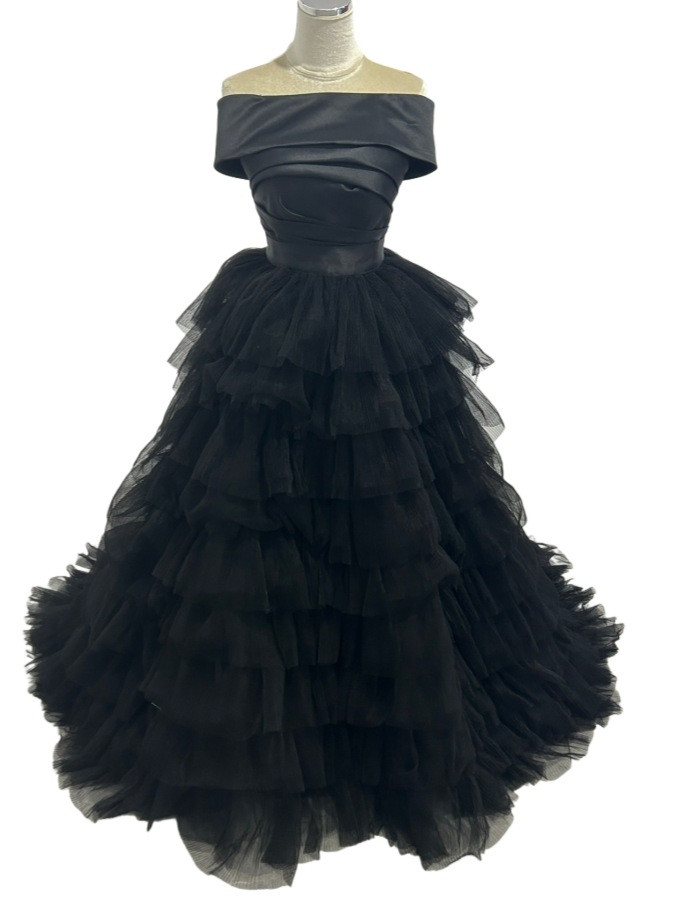 カラードレス 取り外し可能なオフショルダー オーバースカート 3ways  ティアードのドレス ブラック 前撮り