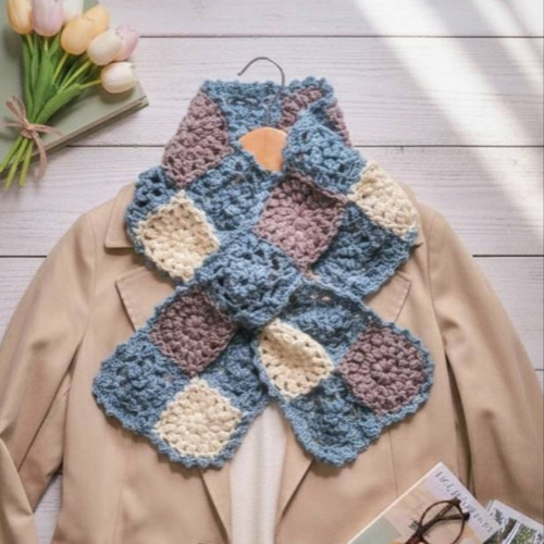花咲く差し込みマフラー アクリルウール かぎ針編み 手編み スヌード
