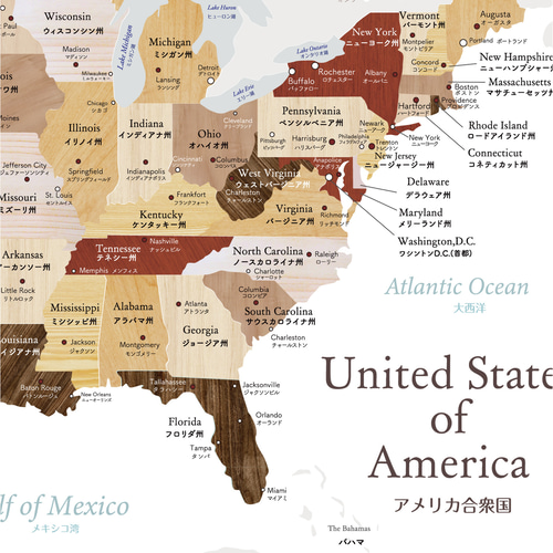 木目調のアメリカ地図 A2サイズ マップ 世界 旅行 社会 知育