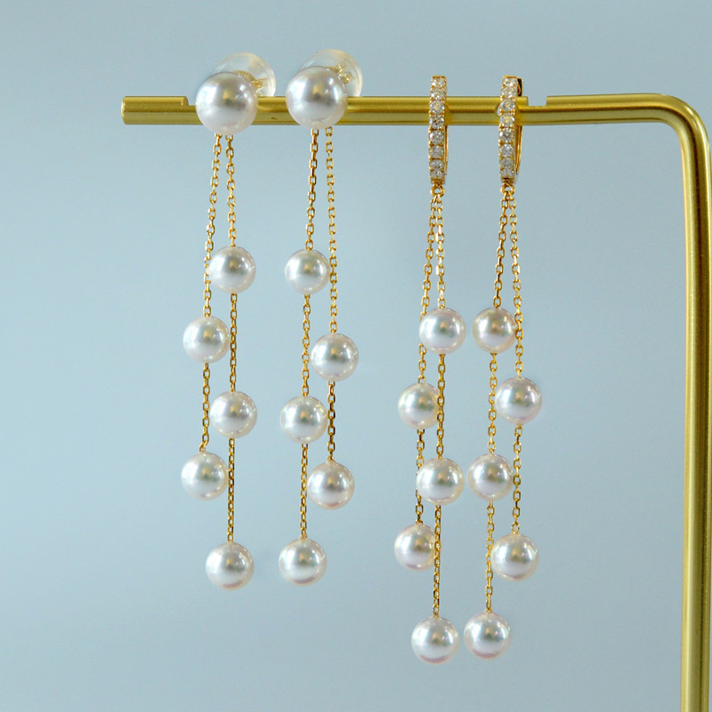 ルミナ・ルユ 4～6mm 日本製アコヤ真珠（天然海水真珠）ピアス。18Kゴールド製。ダイヤモンドをあしらった、万能なデザイン。普