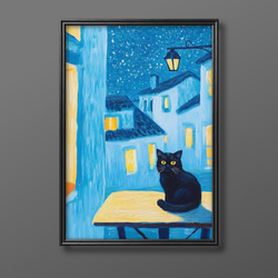 絵画 。壁掛け絵【花の中の美しい女の子とかわいい黒猫】 絵画