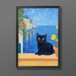 絵画 。壁掛け絵【花の中の美しい女の子とかわいい黒猫】 絵画 。壁掛け絵【花の中の美しい女の子とかわいい黒猫】 絵画