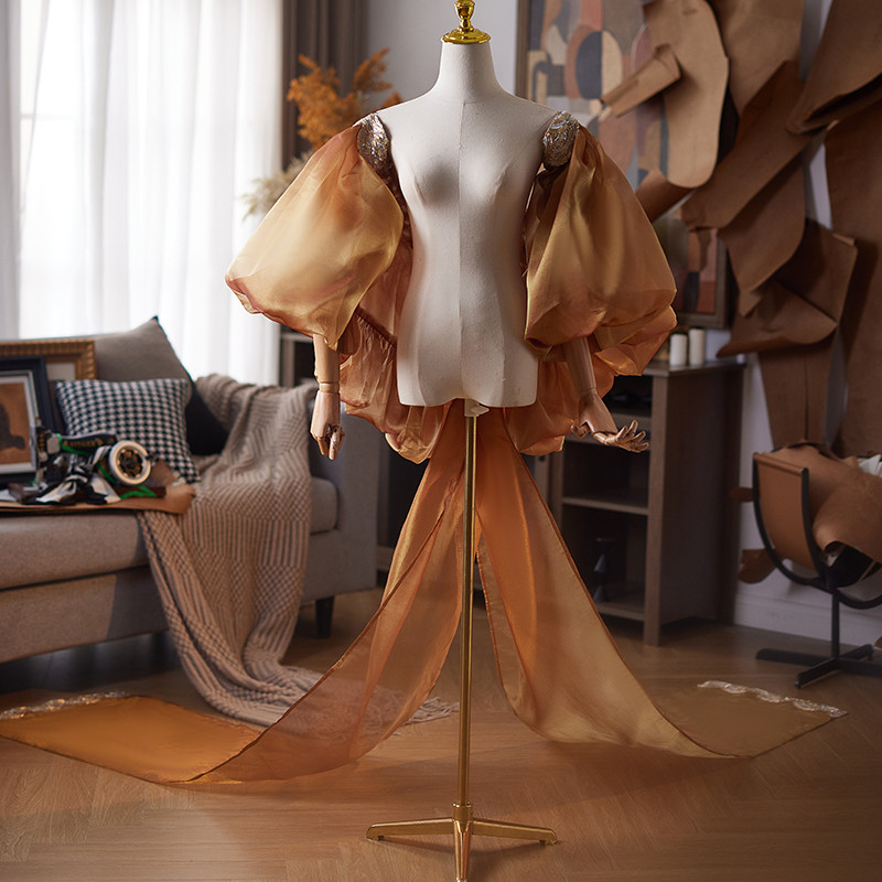 ケープ トレーン 裾引き 特大スリーブ ブラウン DIY 肩飾り アクセサリー 花嫁/ウェディングドレス DTY493