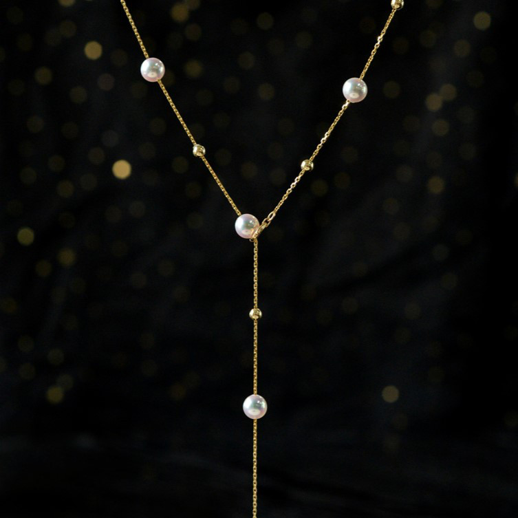 ルミナ Y字型カスミソウネックレス 5-8.5mm 日本製ベビーアコヤ天然海水真珠 18Kゴールド エレガントなデザイン 普段使