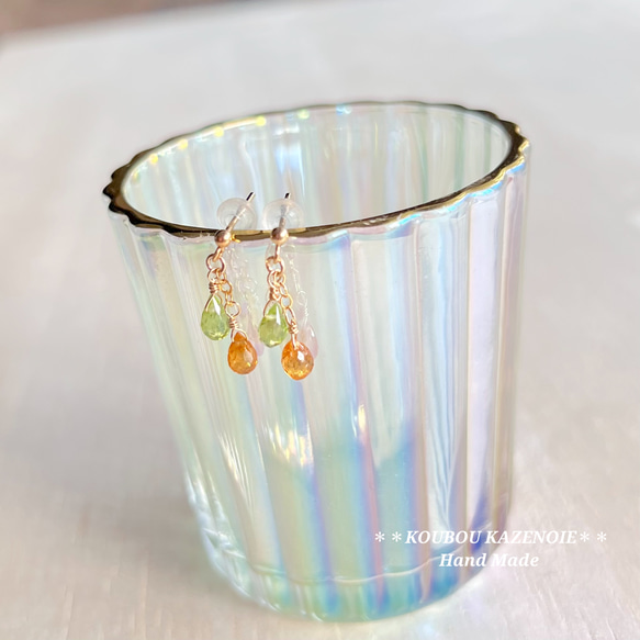 金木犀カラー◆スペサルタイトガーネットとペリドットの14kgfピアス◆受注制作　※イヤリング変更可能 12枚目の画像