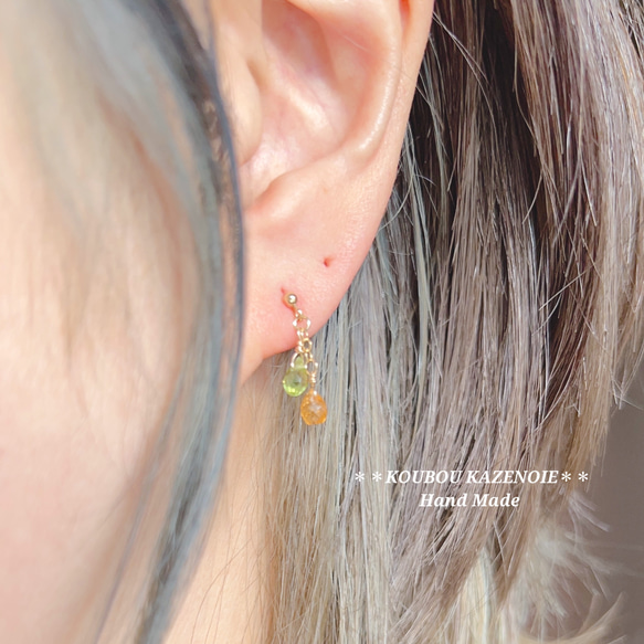 金木犀カラー◆スペサルタイトガーネットとペリドットの14kgfピアス◆受注制作　※イヤリング変更可能 10枚目の画像