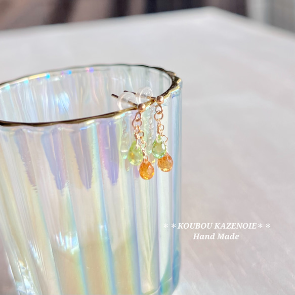 金木犀カラー◆スペサルタイトガーネットとペリドットの14kgfピアス◆受注制作　※イヤリング変更可能 2枚目の画像