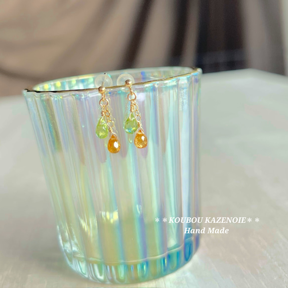 金木犀カラー◆スペサルタイトガーネットとペリドットの14kgfピアス◆受注制作　※イヤリング変更可能 6枚目の画像