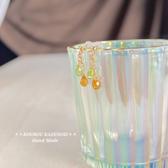 金木犀カラー◆スペサルタイトガーネットとペリドットの14kgfピアス◆受注制作　※イヤリング変更可能 4枚目の画像