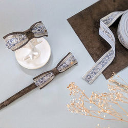 大人のためのデフトバン〜スティック〜　 ブラウン×水色　　本革スエード　インド刺繍リボン　リボンヘアアクセサリー 12枚目の画像