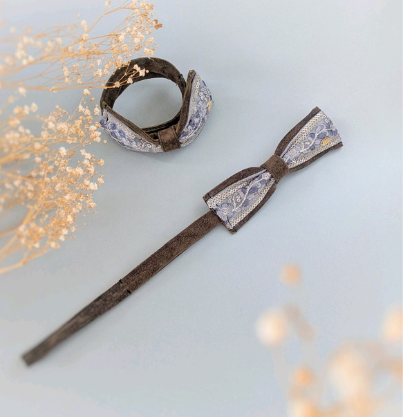 大人のためのデフトバン〜スティック〜　 ブラウン×水色　　本革スエード　インド刺繍リボン　リボンヘアアクセサリー 11枚目の画像