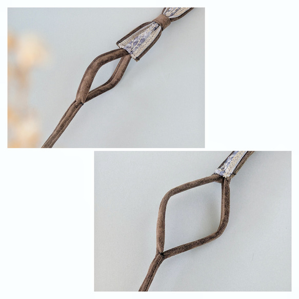 大人のためのデフトバン〜スティック〜　 ブラウン×水色　　本革スエード　インド刺繍リボン　リボンヘアアクセサリー 8枚目の画像