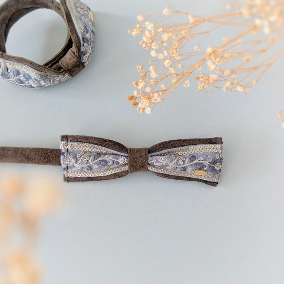 大人のためのデフトバン〜スティック〜　 ブラウン×水色　　本革スエード　インド刺繍リボン　リボンヘアアクセサリー 5枚目の画像