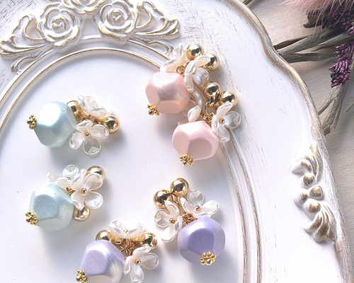 フラワータッセル 八角形パールチャーム パステルカラー 6個【a5024