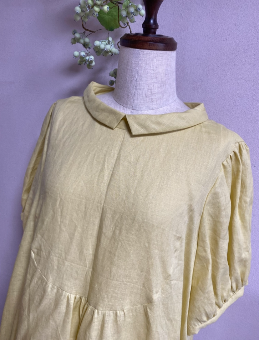 《大きいサイズ》　フレンチリネンのゆったりスタンド襟ワンピース　シトロンイエロー　Ｌ•ＬＬ•１３号
