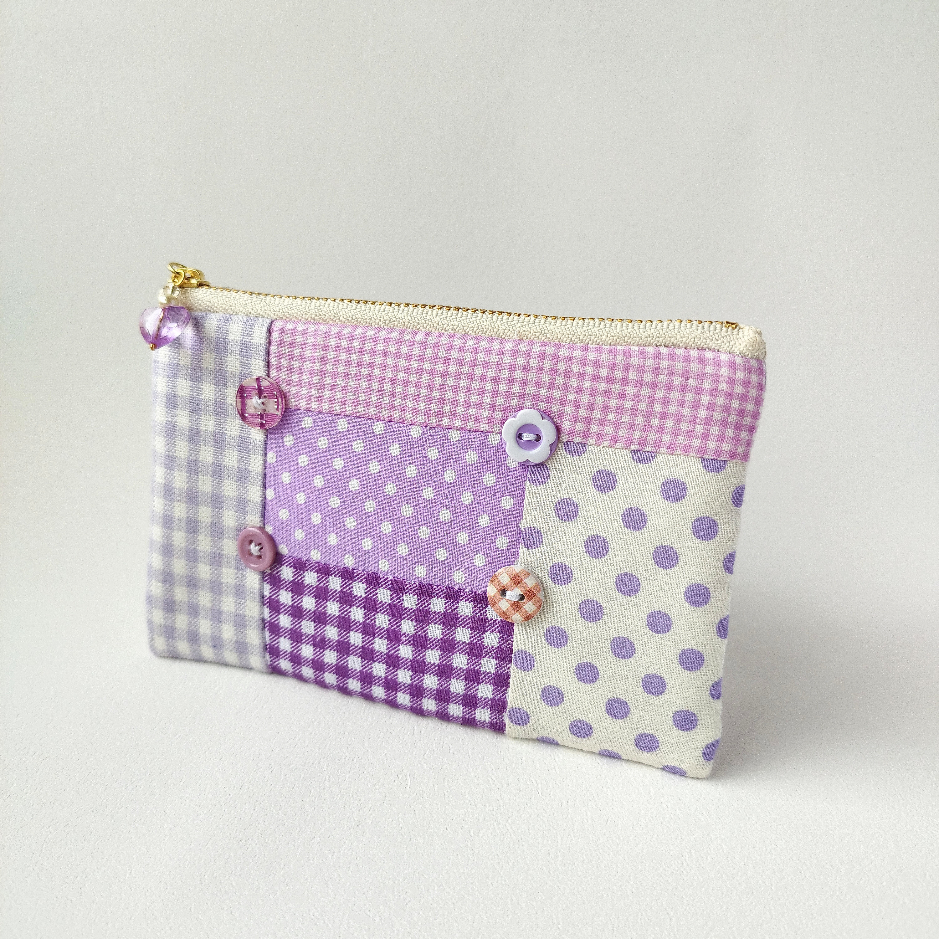 ○パッチワーク＊かわいい紫＊チェック＆ドットのミニフラットポーチ