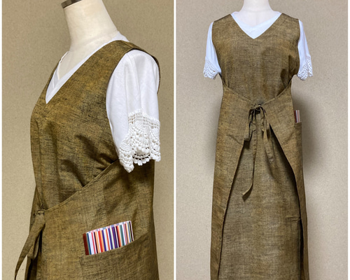 くすみのある渋い茶系正絹紬 4wayワンピースエプロン チュニック