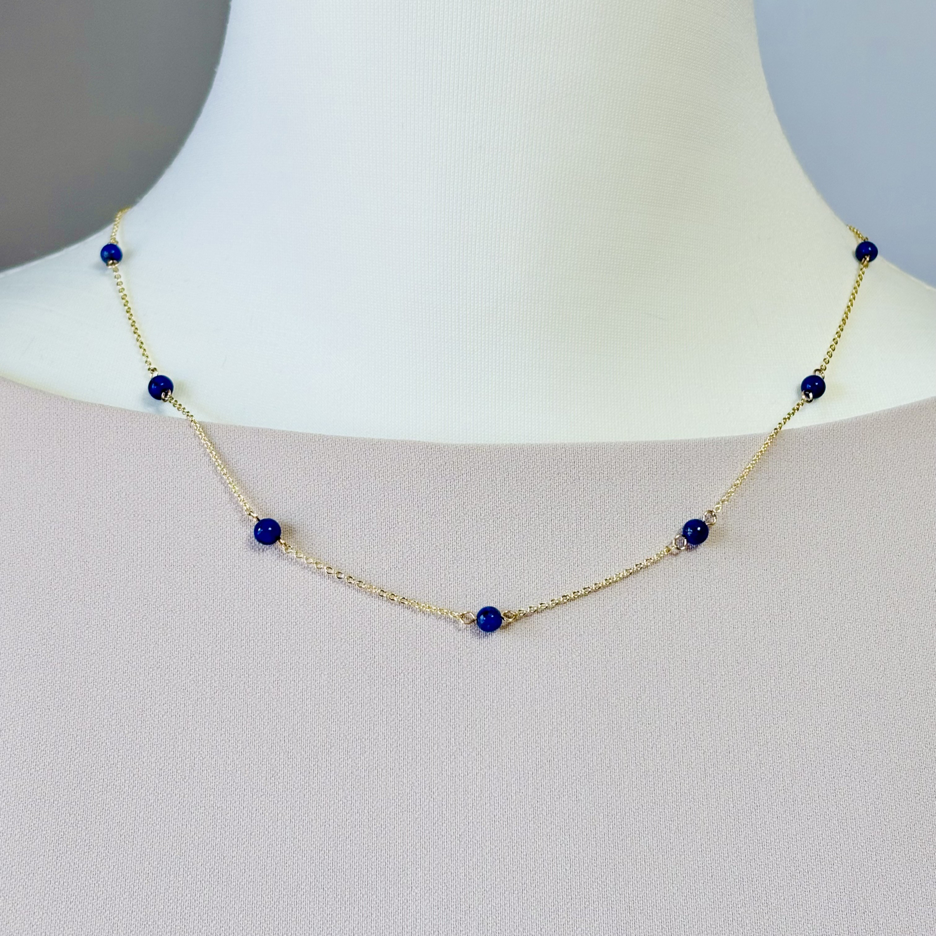 【9と12月誕生石】再販②全14kgf。瑠璃色が美しい　天然ラピスラズリステーションネックレス40/45センチ（金アレ対