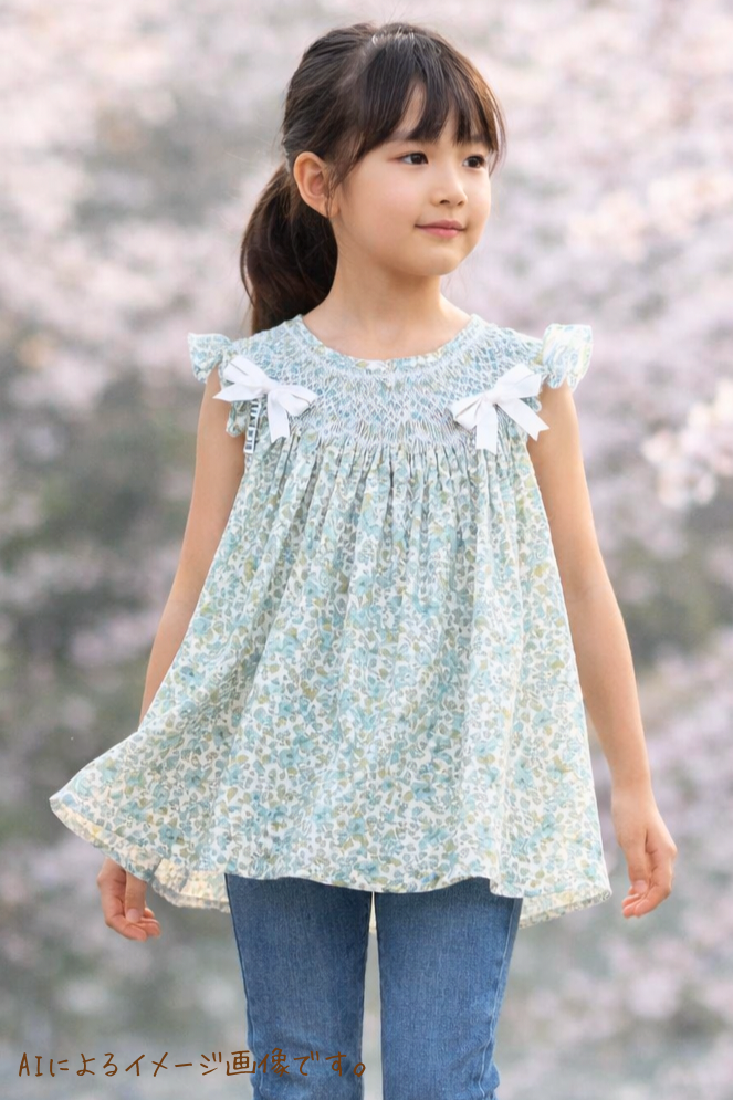 【6〜9歳】スモッキング刺繍 ブラウス丈ビショップ（ミントブルー）｜手刺繍・一点もの