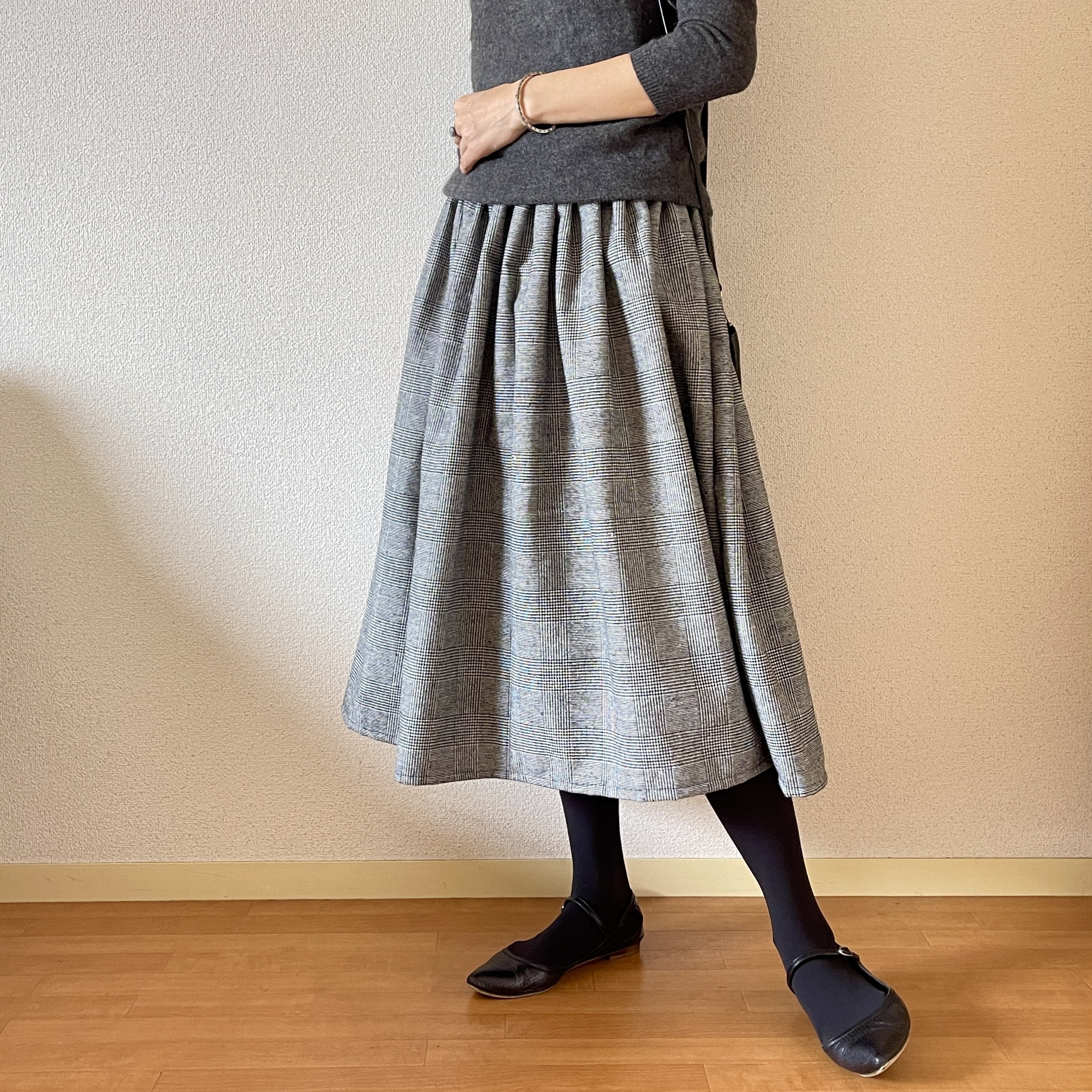 春まで着れる♪ソフトな手触りのウール混生地♪グレンチェック　ウエスト変更可