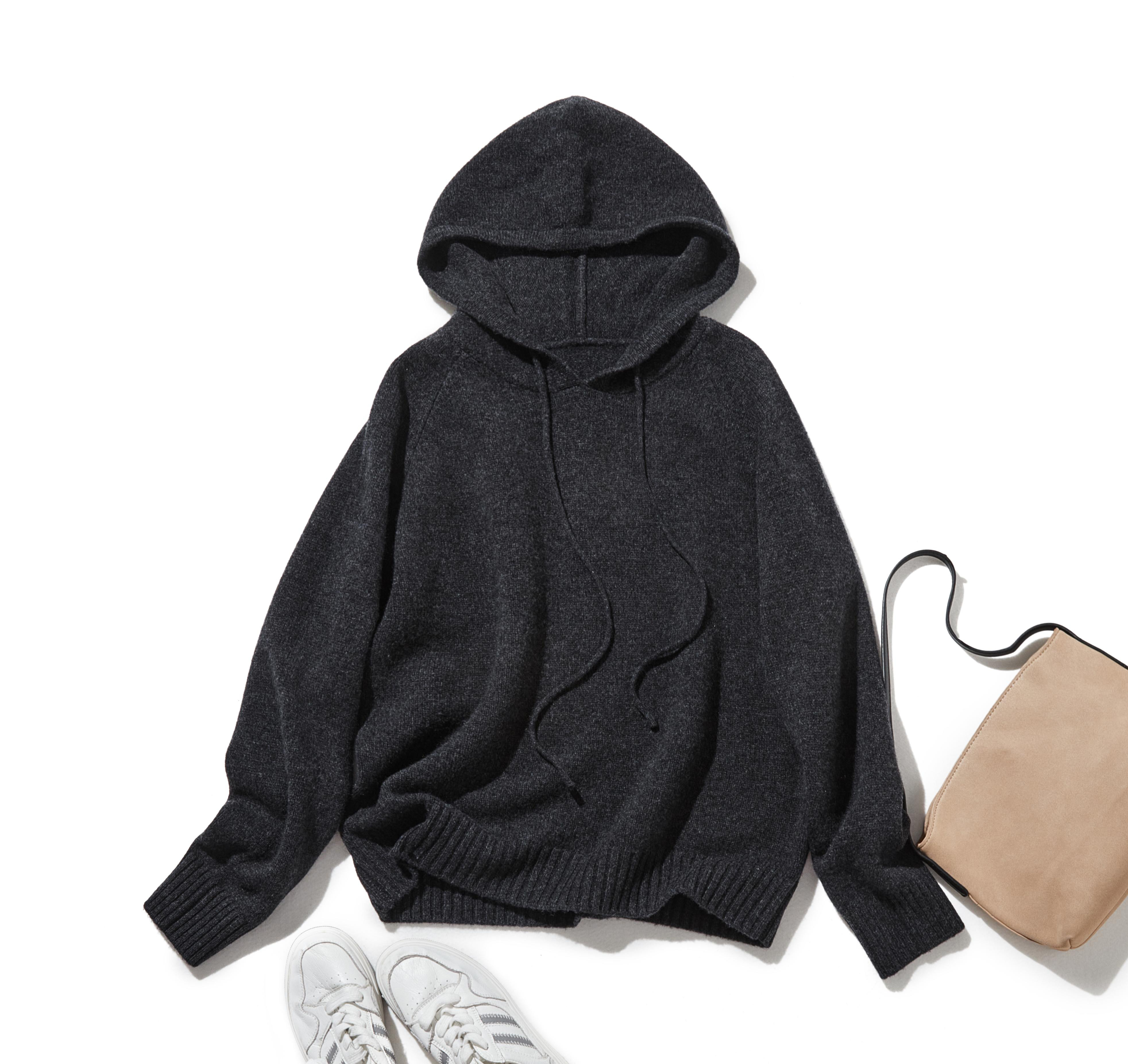★即納★大人のカジュアルスタイルに欠かせないニットパーカー　ウール100％　フード付き　ダークグレー　241005-4