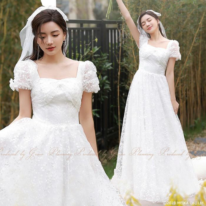 ウェディングドレス Aライン 白 結婚式 挙式 前撮り二次会 スクエアネック 背中ファスナー gcd_80010