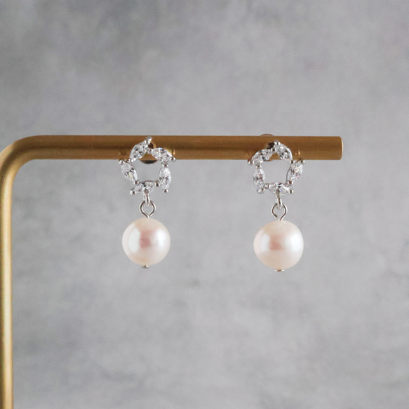 永遠－淡水パール×キュービックジルコニア リースピアス（シルバー） 4枚目の画像