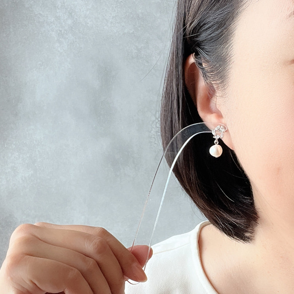 永遠－淡水パール×キュービックジルコニア リースピアス（シルバー） 3枚目の画像