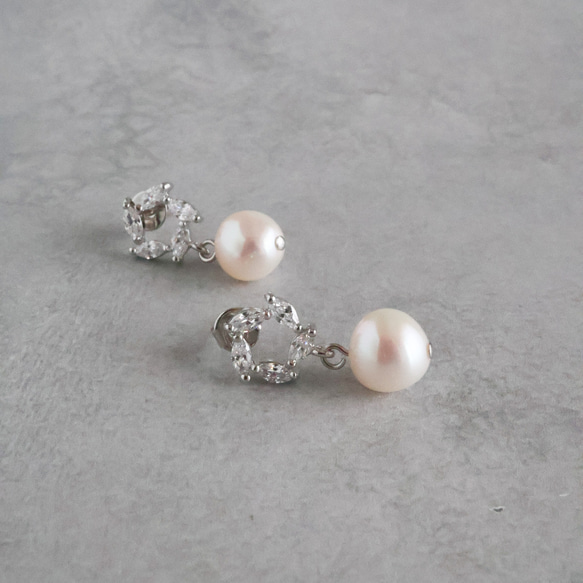 永遠－淡水パール×キュービックジルコニア リースピアス（シルバー） 8枚目の画像