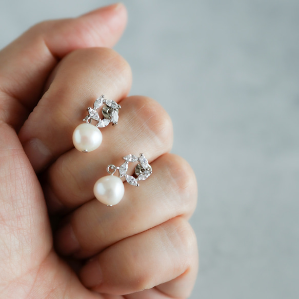 永遠－淡水パール×キュービックジルコニア リースピアス（シルバー） 10枚目の画像