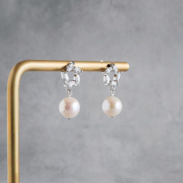 永遠－淡水パール×キュービックジルコニア リースピアス（シルバー） 5枚目の画像