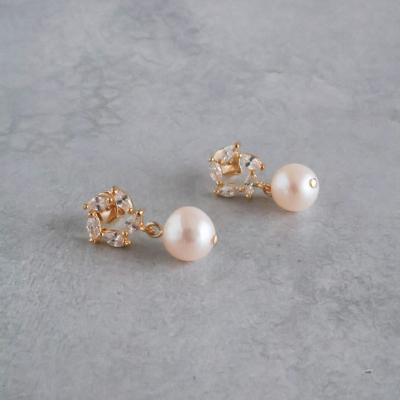 永遠－淡水パール×キュービックジルコニア リースピアス（ゴールド） 9枚目の画像