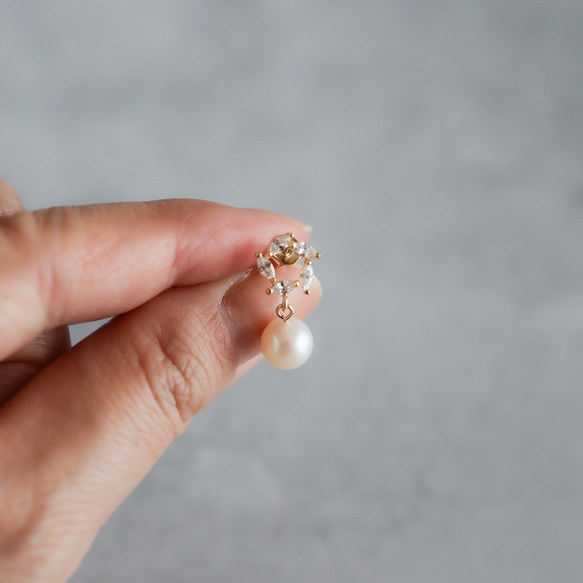 永遠－淡水パール×キュービックジルコニア リースピアス（ゴールド） 11枚目の画像