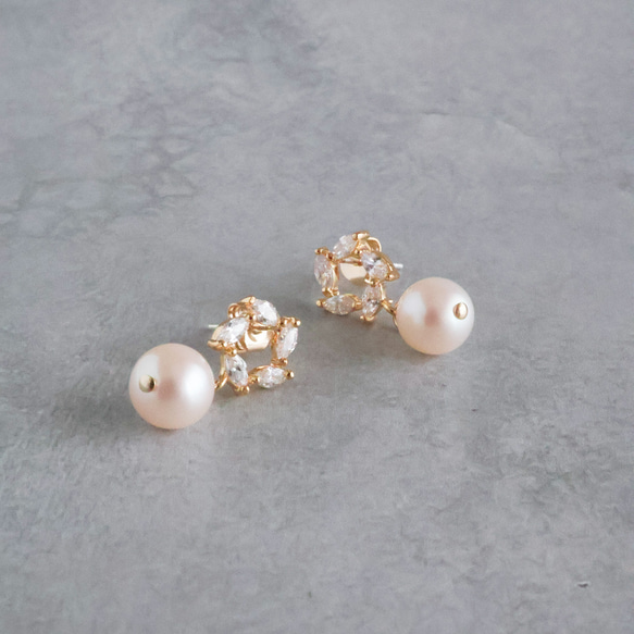 永遠－淡水パール×キュービックジルコニア リースピアス（ゴールド） 8枚目の画像