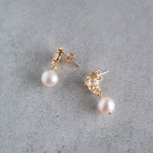 永遠－淡水パール×キュービックジルコニア リースピアス（ゴールド） 10枚目の画像