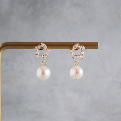 永遠－淡水パール×キュービックジルコニア リースピアス（ゴールド） 3枚目の画像