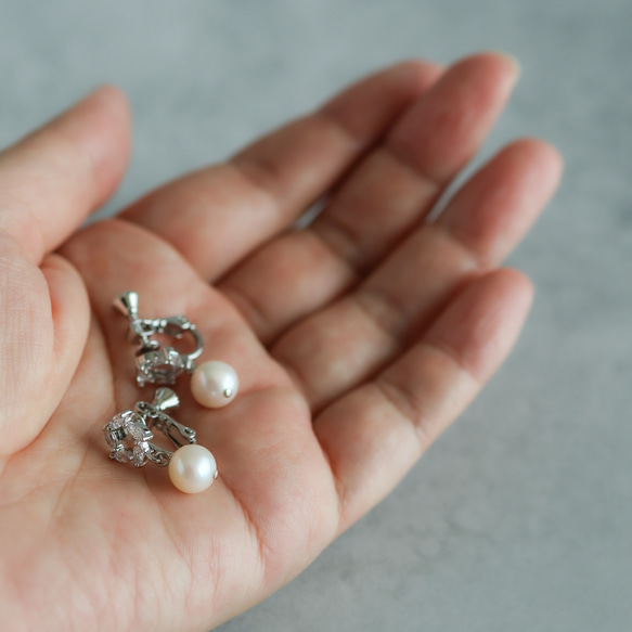 永遠－淡水パール×キュービックジルコニア リースイヤリング（シルバー） 8枚目の画像