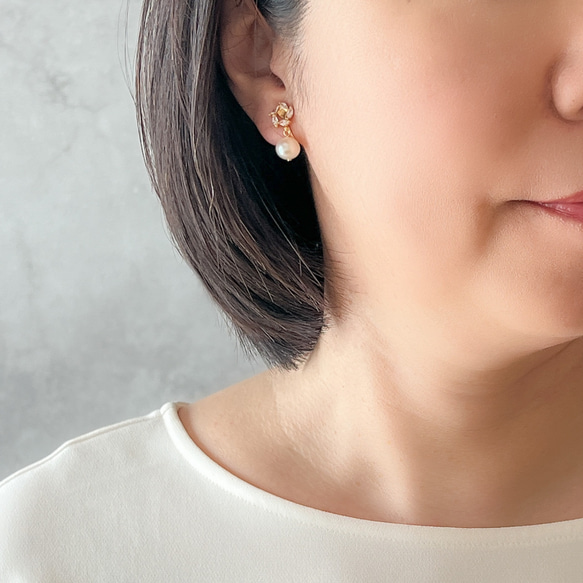 永遠－淡水パール×キュービックジルコニア リースイヤリング（ゴールド） 5枚目の画像